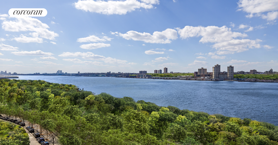 Panoramic view of a river with city buildings and trees along the riverbank under a blue sky.