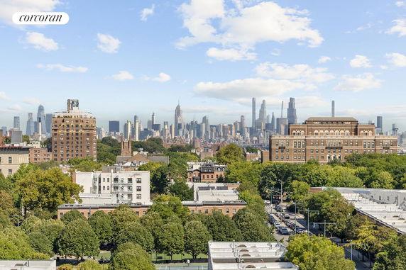 Panoramic view of a cityscape with several buildings and the skyline in the background.