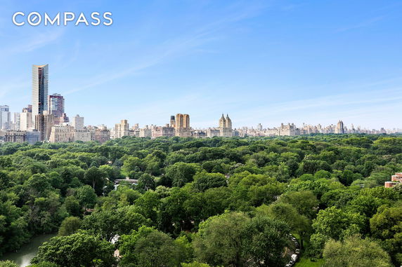 Panoramic view of a city skyline with a park in the foreground.