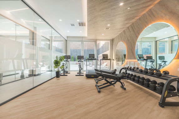 Indoor gym area with exercise equipment and large mirrors.