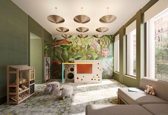 Children's play area with vibrant wall mural and toys.