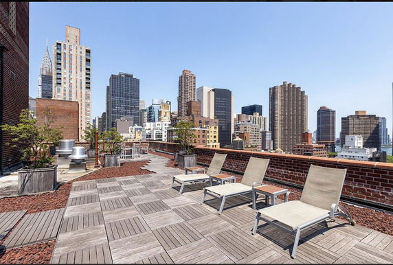 Rooftop with lounge chairs and plants, overlooking city skyline.