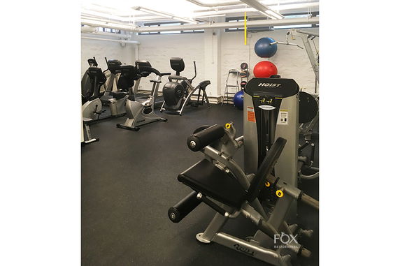 Indoor gym area with exercise equipment and exercise balls.