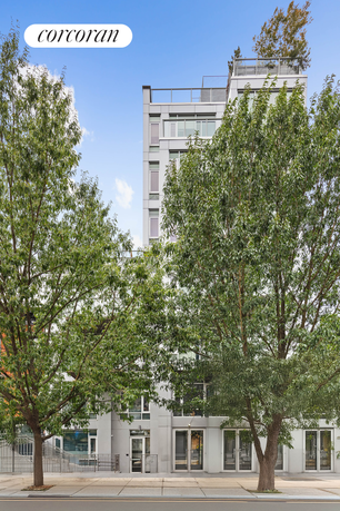 Front view of a multi-story building with trees partially obscuring the facade.