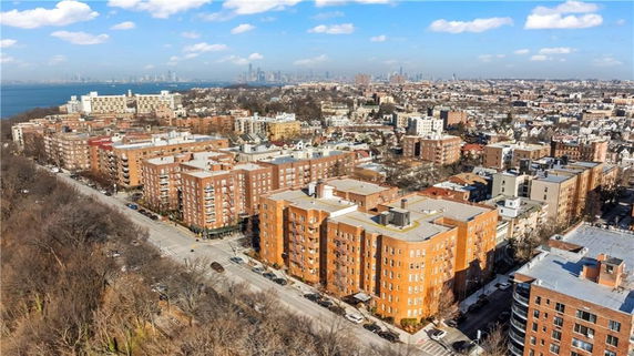 Panoramic view of a cityscape with multiple brick buildings and distant skyline.