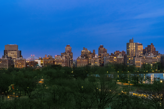 Panoramic view of city skyline and park at dusk.