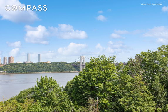 Panoramic view of a river, bridge, and distant buildings with trees in the foreground.