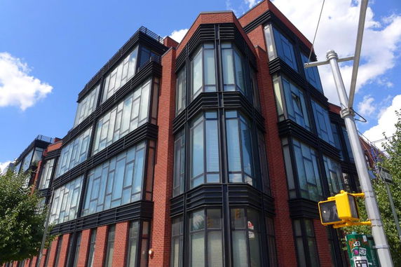 Front view of a multi-story building with large windows and red brick facade.