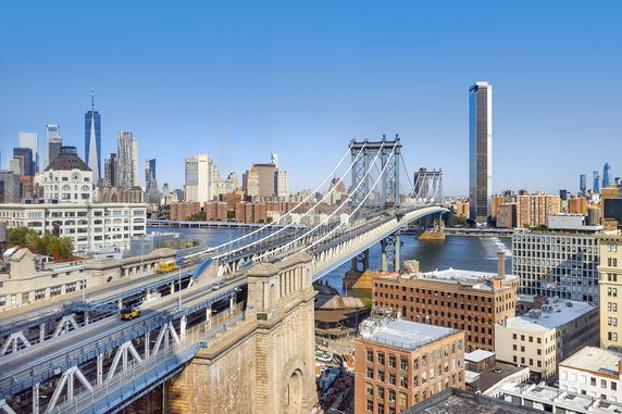 Panoramic view of a cityscape with a prominent bridge and skyscrapers.