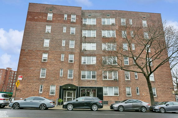 Front view of a multi-story brick building