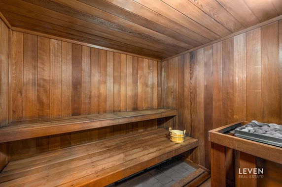 Interior view of a wooden sauna room
