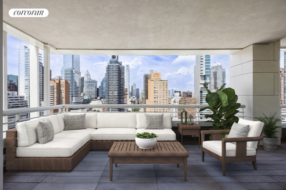 Panoramic view from a balcony with lounge furniture, overlooking city skyscrapers.