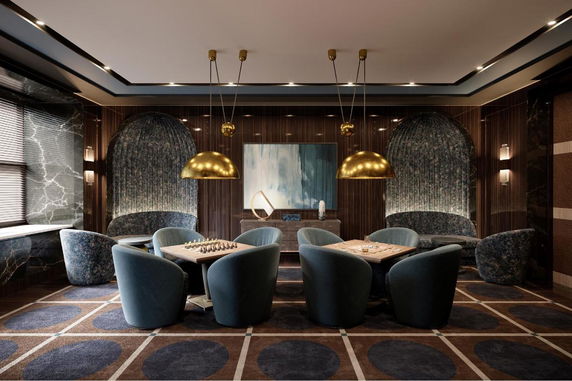 Interior view of a club house recreation area with tables and chairs.