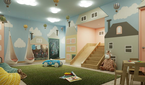 Children's playroom with decorative walls, swings, a slide, and toys.