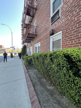 Side view of a brick building with fire escapes and windows.