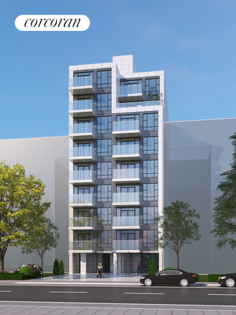 Front view of a modern multi-story apartment building with balconies.