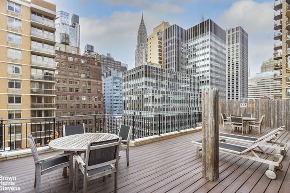 Rooftop terrace with wooden furniture and cityscape view.