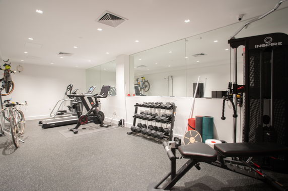 Indoor gym area with exercise equipment and mirrors.