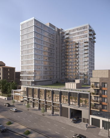 Front view of a modern high-rise building with glass facade and balconies.