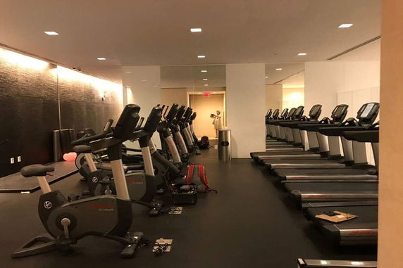 Gym area with exercise bikes and treadmills.