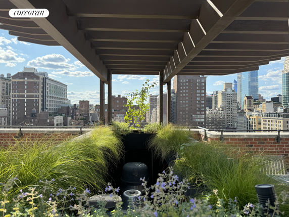 Rooftop with green plants and a view of city buildings in the background.