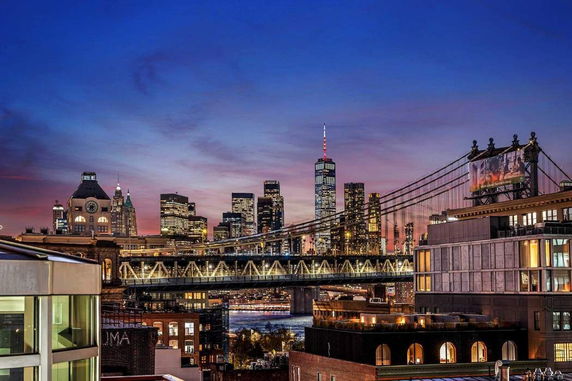 Panoramic view of a city's skyline with a prominent bridge and tall buildings at dusk.