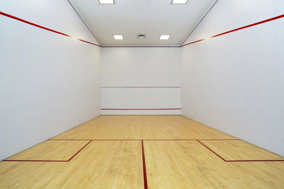 Interior of a squash court with wooden flooring and red boundary lines.