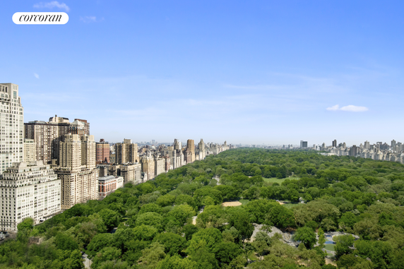 Panoramic view of a city skyline with a large park in the foreground.
