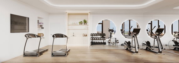 Indoor gym area with treadmills, exercise bikes, and weight racks.