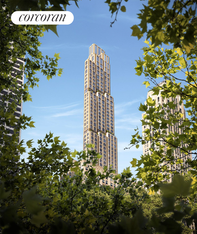 Front view of a tall skyscraper with a modern design.