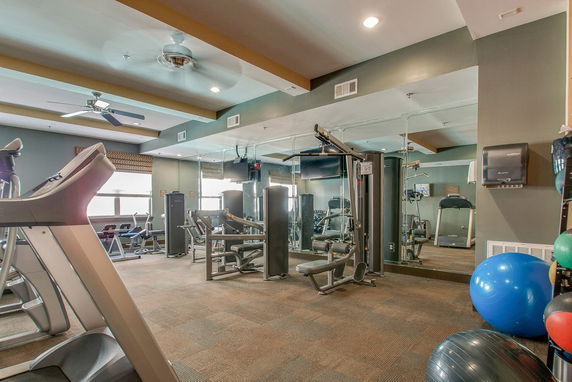 Interior view of a gym area with exercise equipment and exercise balls.
