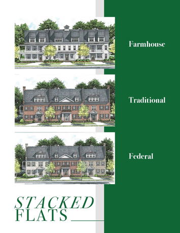 Front view of three multi-story residential buildings with different architectural styles: Farmhouse, Traditional, and Federal.