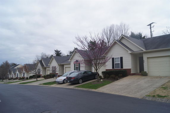 Front view of a row of single-story houses with garages.