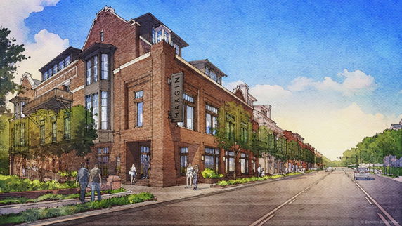 Front view of a multi-story brick building along a street.
