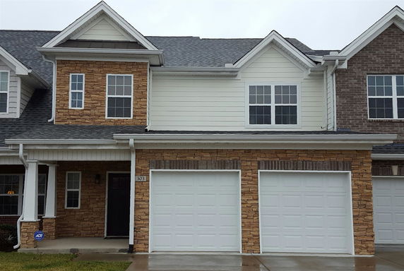 Front view of a two-story house with a double garage.