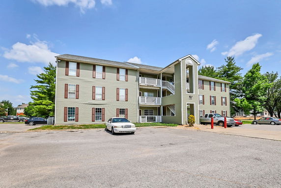 Front view of a three-story apartment building.