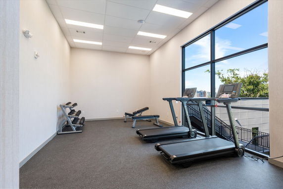 Interior gym room with treadmills, workout bench, and dumbbells.