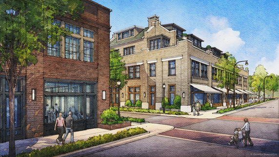 Street view of multi-story buildings with large windows and awnings.