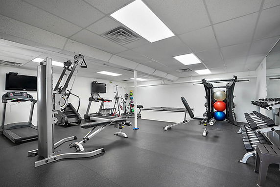 Indoor gym area with various exercise equipment including treadmills, weight machines, and exercise balls.