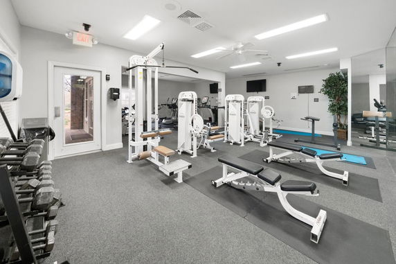 Interior view of a gym with various exercise equipment and weights.