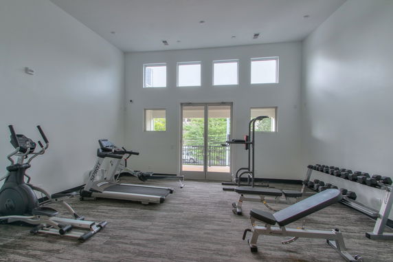 Room with gym equipment including a treadmill, elliptical, and weights.