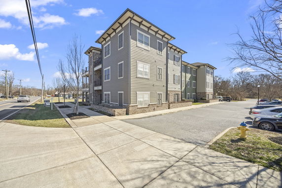 Front view of a multi-story apartment building