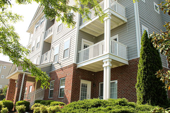 Front view of a multi-story building with brick and siding exterior and balconies.