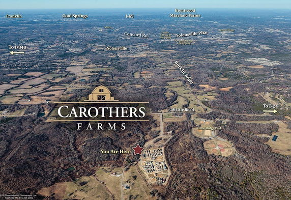 Aerial view showing Carothers Farms and surrounding areas with labeled locations.