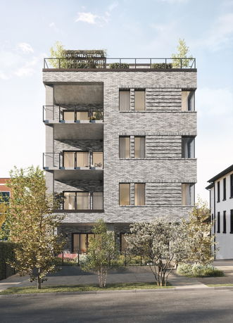 Front view of a multi-story building with balconies and rooftop garden.